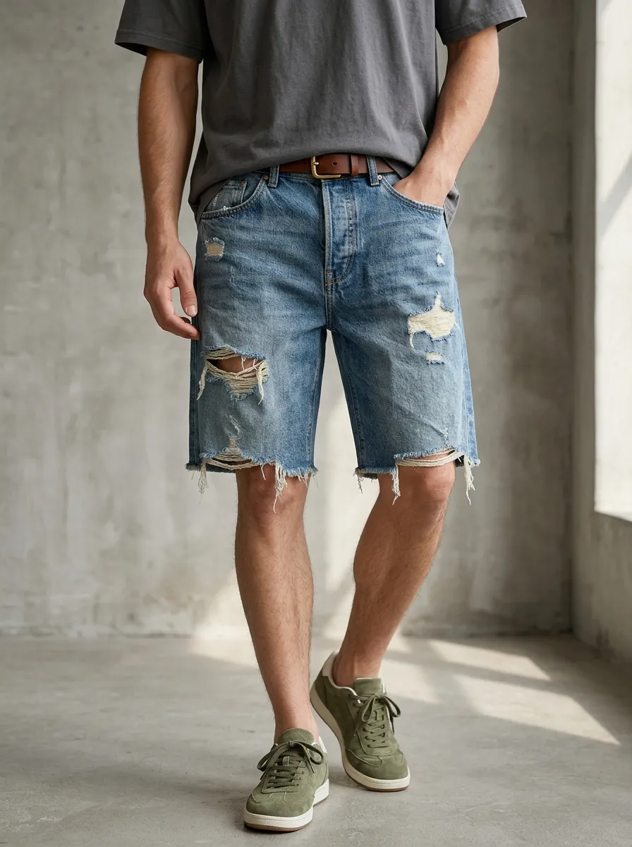 Men's Ripped Denim Shorts with Five Pocket Detail