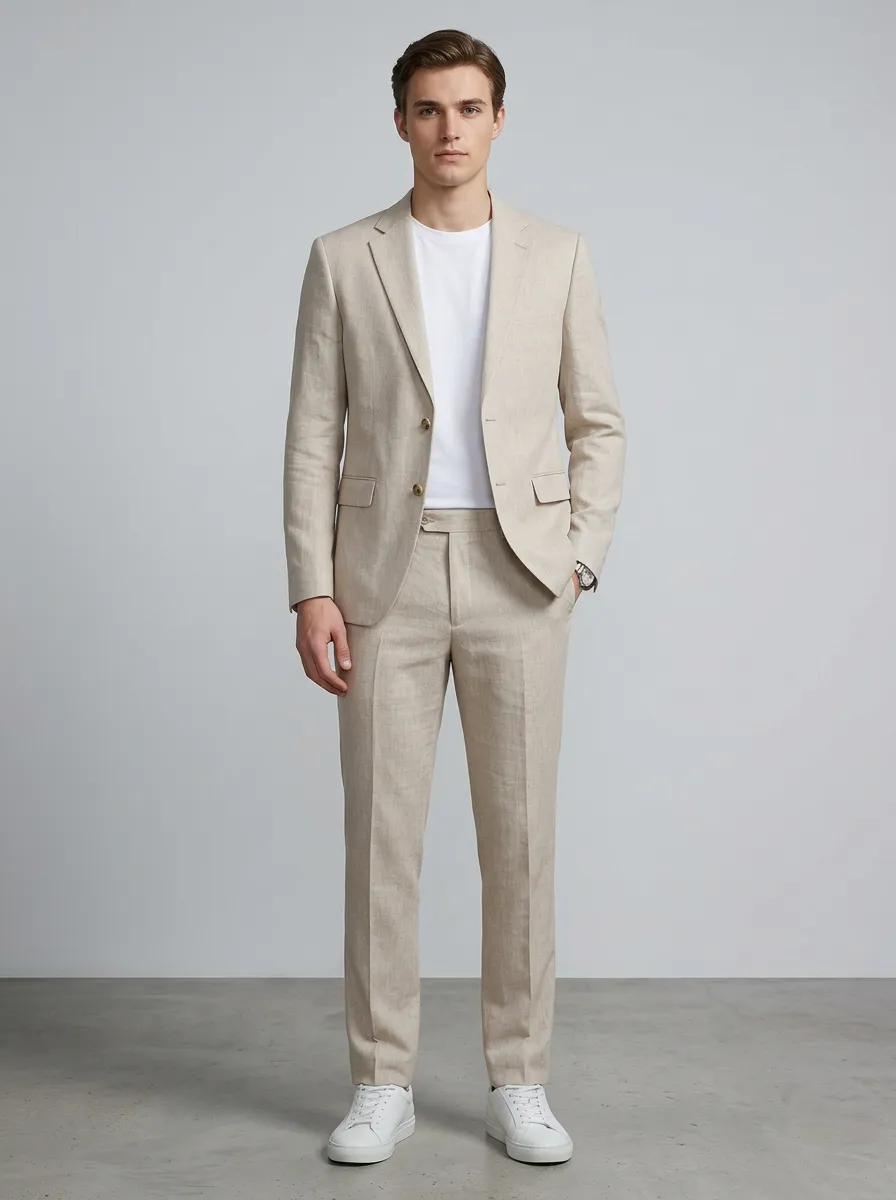 Men's Casual Summer Beige Linen Solid Color Suit Set