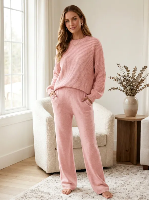 Airy-Look Knit Long-Sleeve Lounge Set
