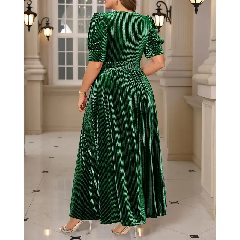 Women’s  Velvet Wedding Guest Dress - Fall Formal Holiday V Neck Empire Waist Long Dresses