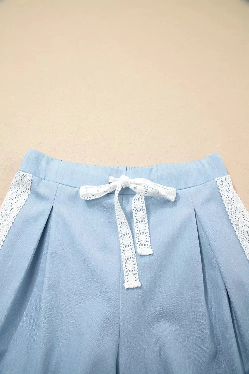 Lace Accent Floral Patched Pocket Pleated Wide Leg Slouchy Pants