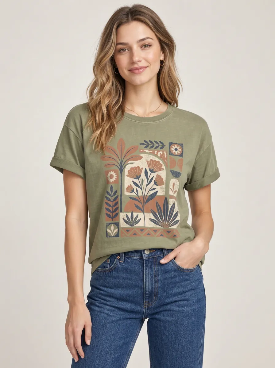 Women's Boho Botanical Floral Everyday Printed Tee