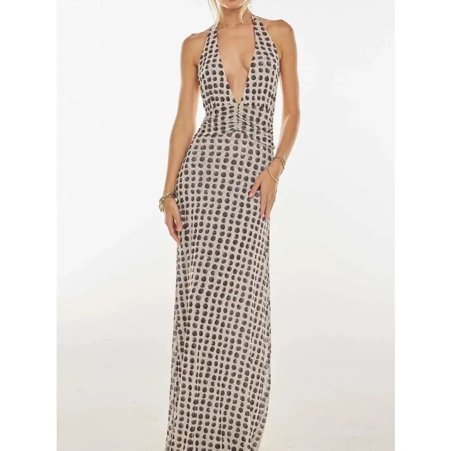 Floral Halter Neck Deep V Maxi Dress