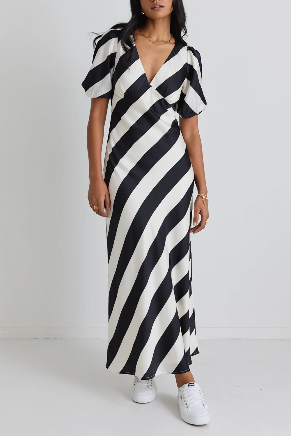 Striped V - Neck Short - Sleeve Maxi Dress