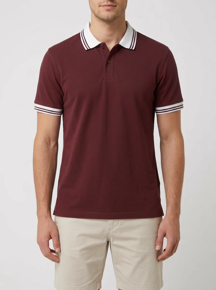 Men's Navy Blue Contrast-Stripe Collar Polo Shirt