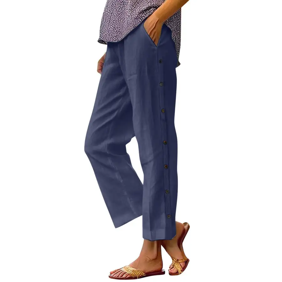 Full Size Side Decor Button Casual Wide Leg Pants Plus Size