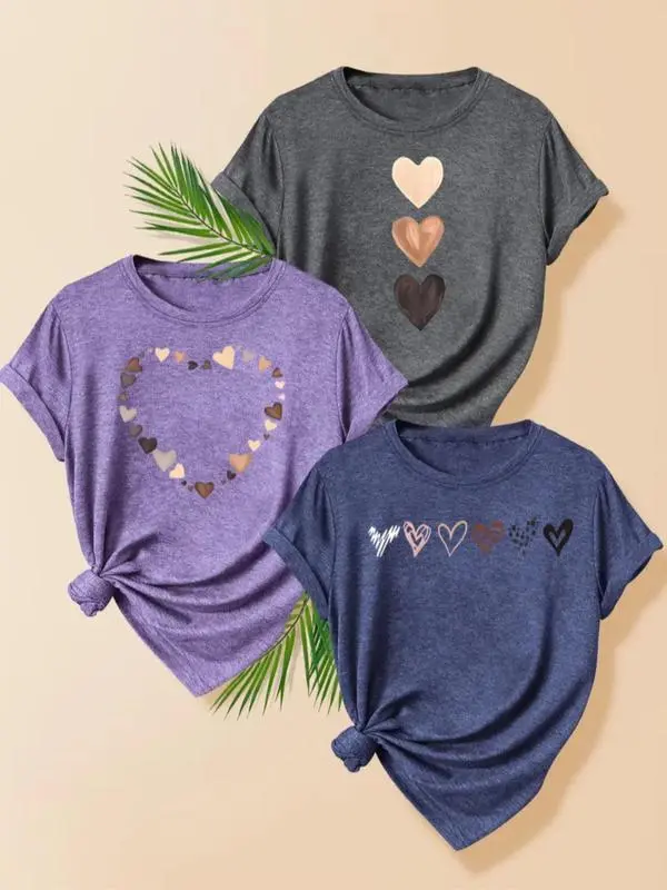 Women'S Heart Print Tee, Casual Short Sleeve T-Shirt For Daily Wear, Ladies Clothes For All Seasons, Graphic Tees, Women swear
