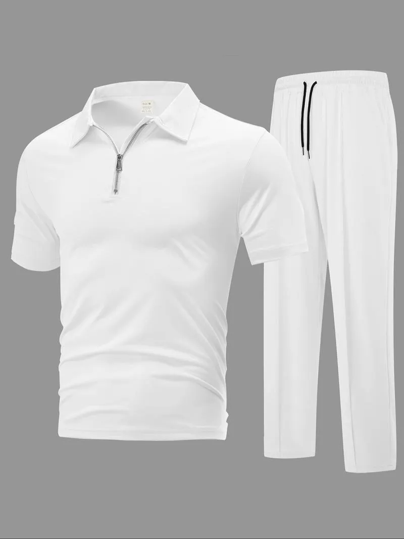 Men's Plain Half Zip Up Shortsleeve Polo Shirt & Drawstring Waist Pants Two-piece Set