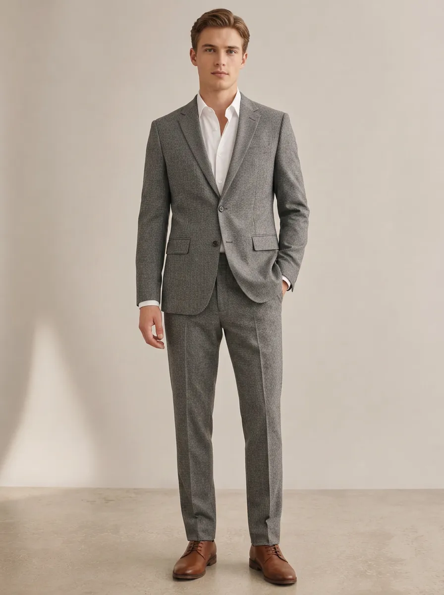 Men's Notched Lapel Business Formal Grey Houndstooth Patterned Suit