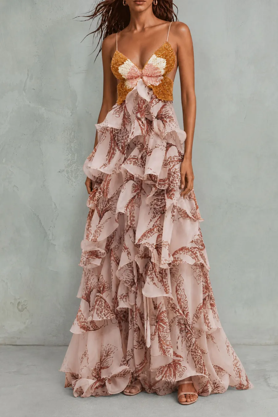 Ruffle Floral Butterfly Print Maxi Dress