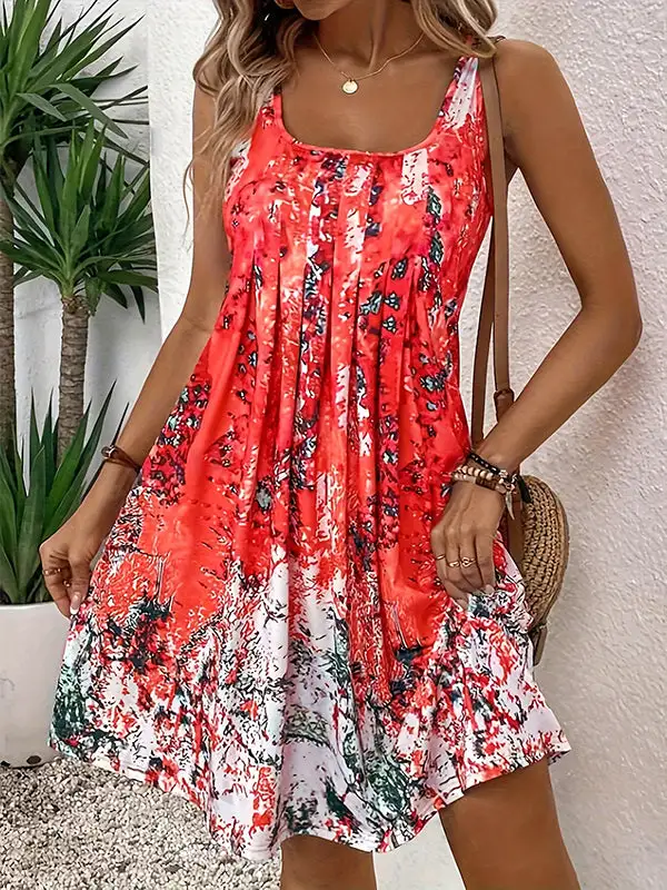 Refined A Line High Waisted Flower Print Pleated Round Neck Mini Dress