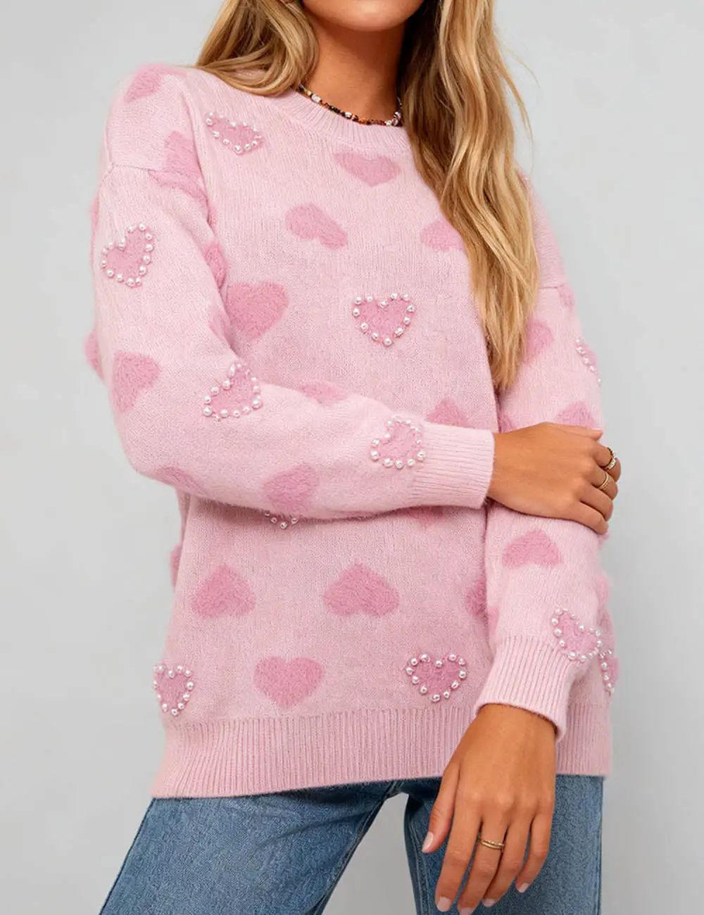 Valentine Heart Pattern Round Neck Bead Sweater
