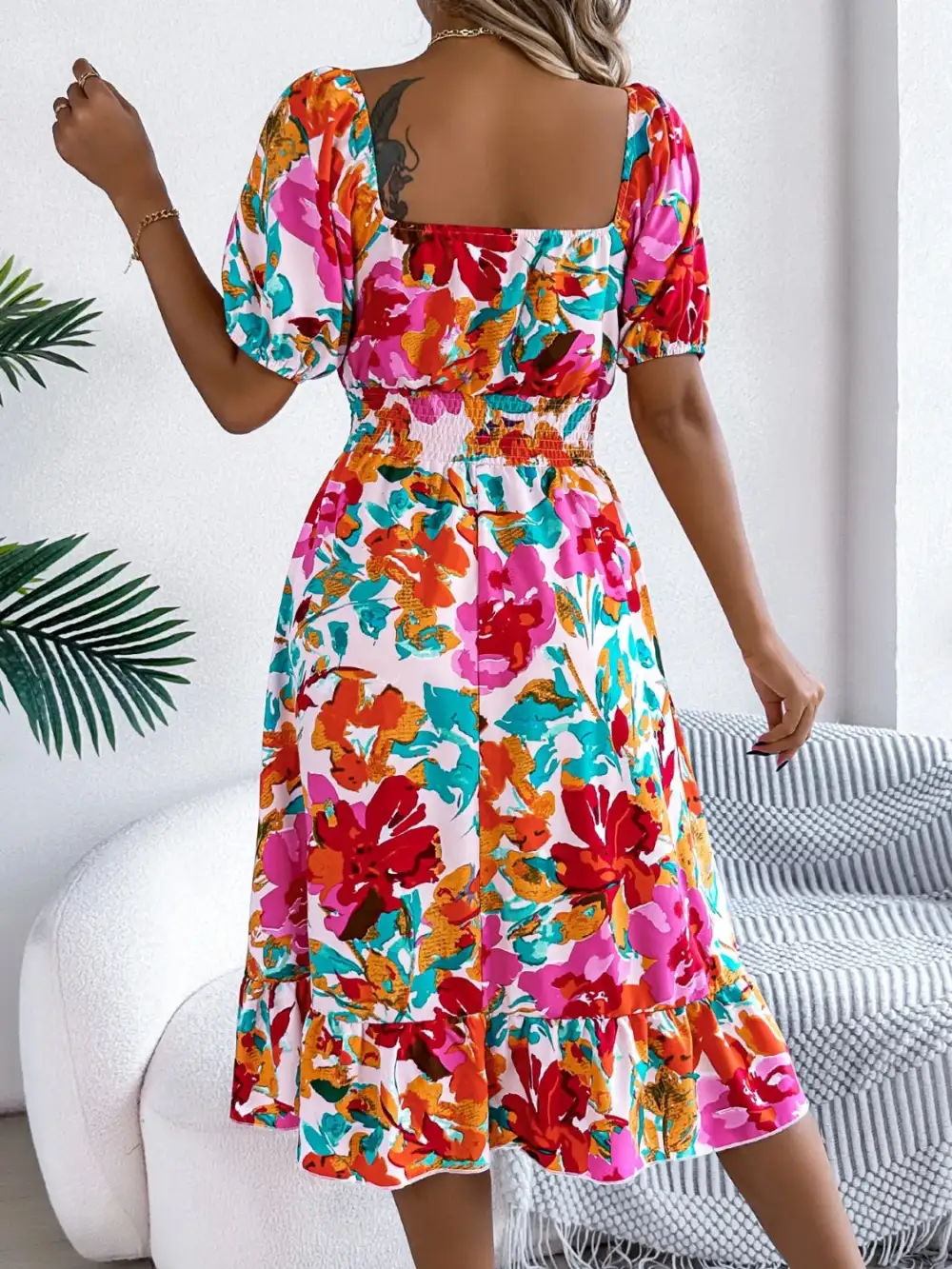 Textured Ruffle Trim Smocked Dress