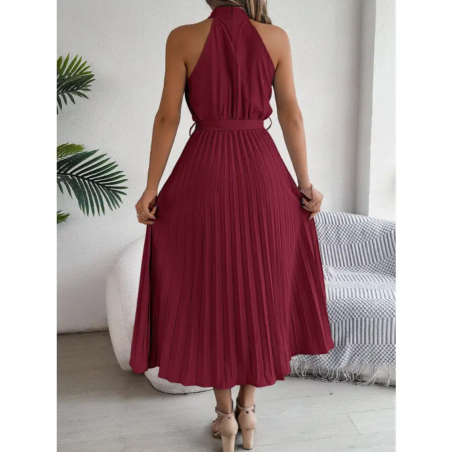 Pleated Tie Waist Sleeveless Midi Dress