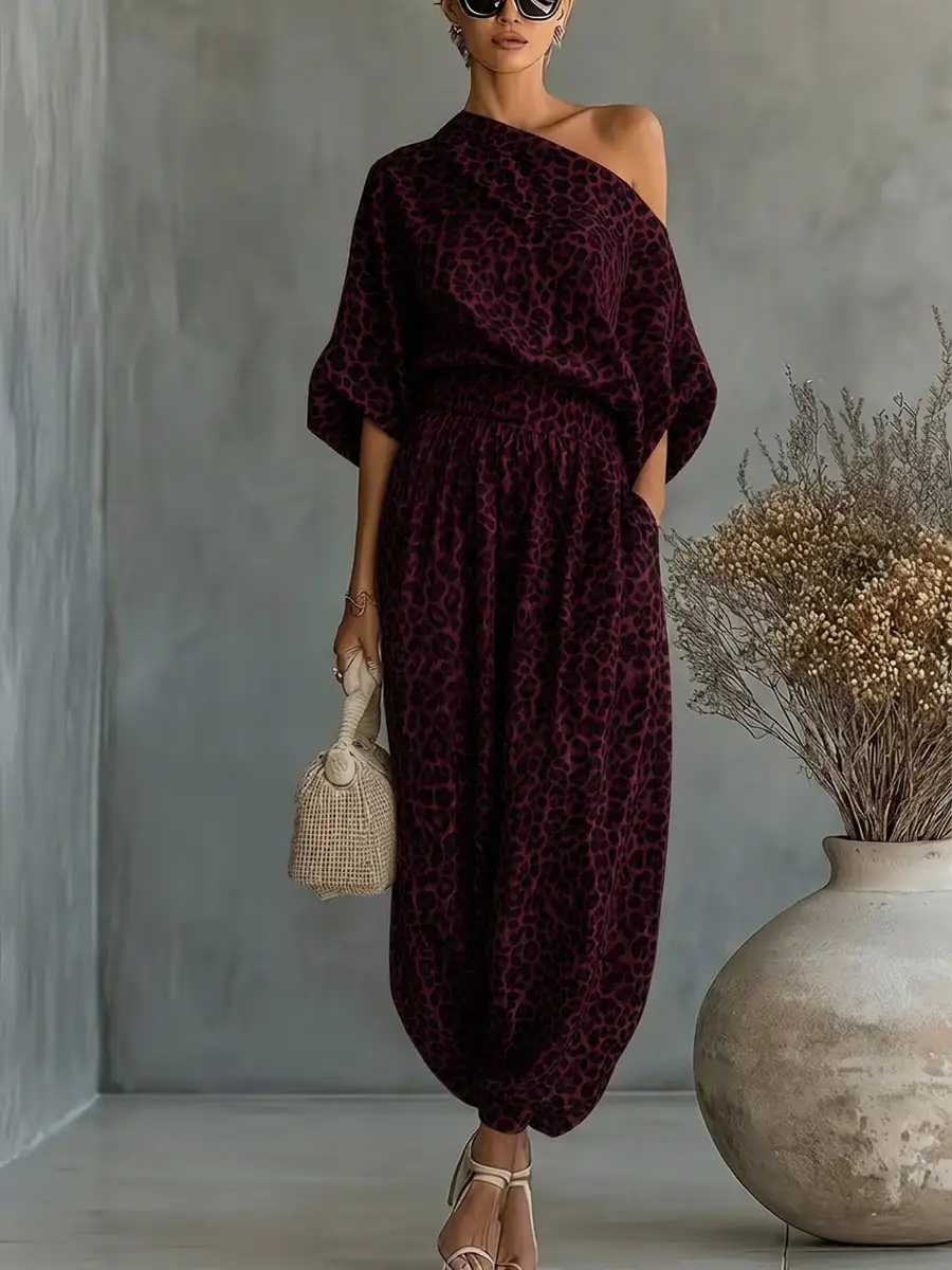 Half Sleeve Leopard Print Blouse And Pants Set