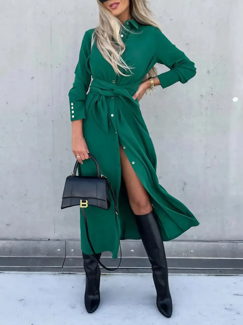 Textured Detail Button Front Long Sleeve Shirt Dress