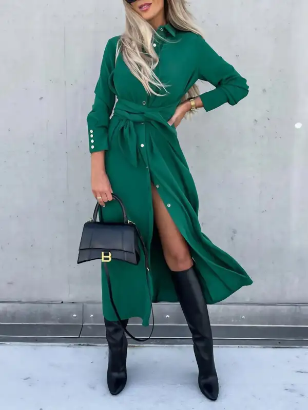 Textured Detail Button Front Long Sleeve Shirt Dress