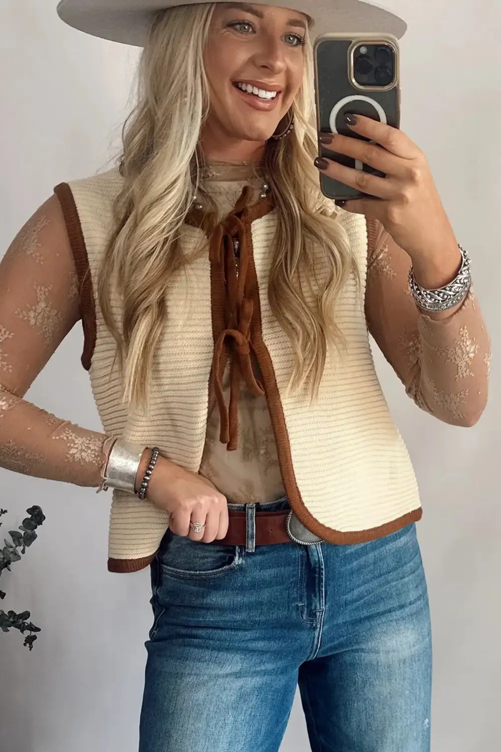 Horizontal Ribbed Knit Contrast Trim Ties Front Sweater Vest