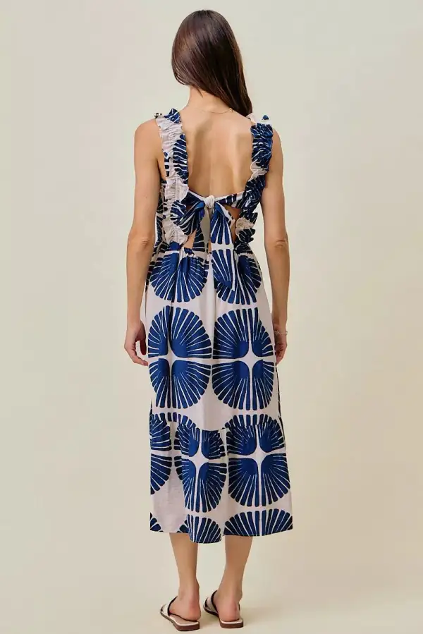 Abstract Smocked Bodice Tiered Lined Midi Dress