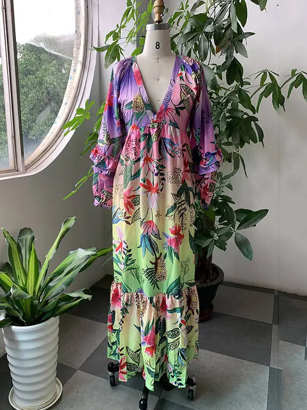 Pleated Ruffled Sleeve Neck Maxi Dress