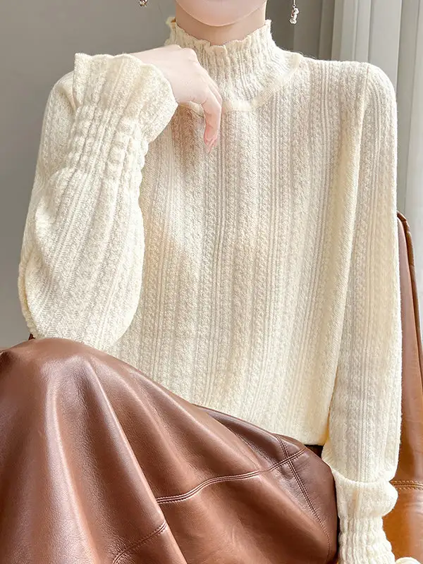 Long Sleeve Relaxed Elasticity Ruffle Trim Mock Neck T-Shirt