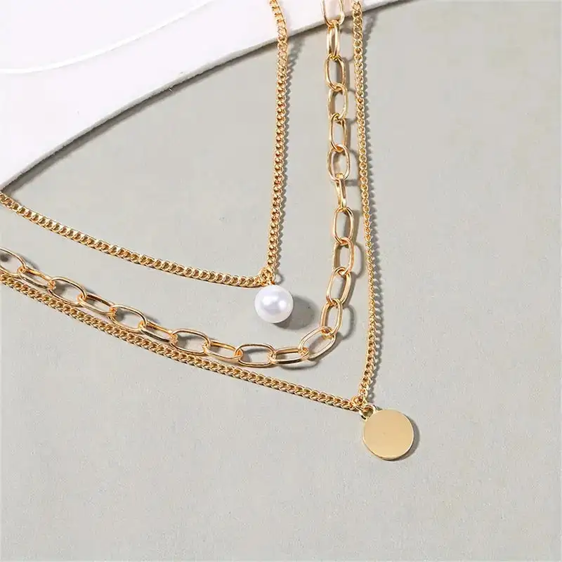 Layered Necklace Round Disc Rhinestone Pendant