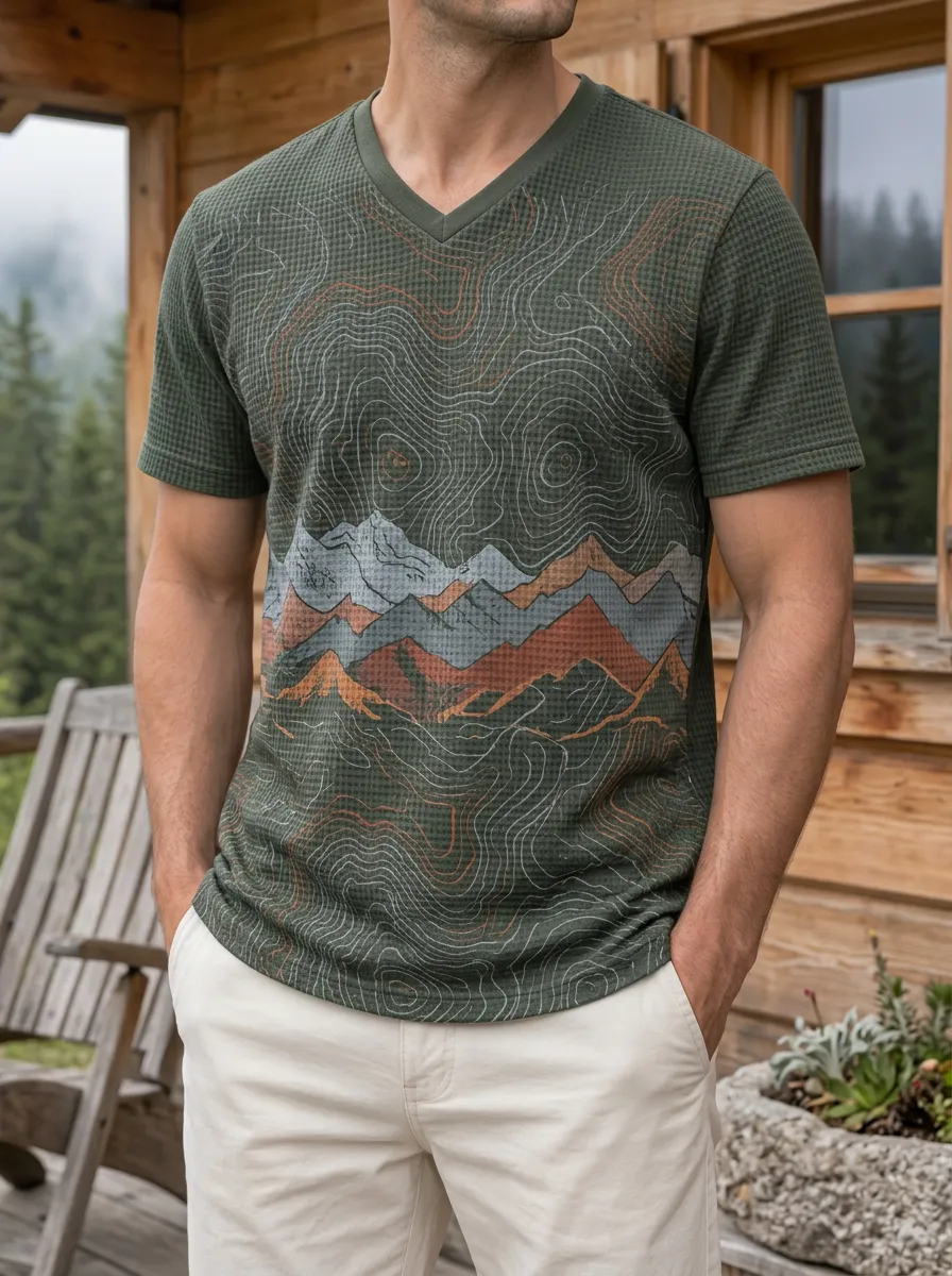 Men's Outdoor Hiking Lover Mountain Topographic Printed V-Neck T-Shirt