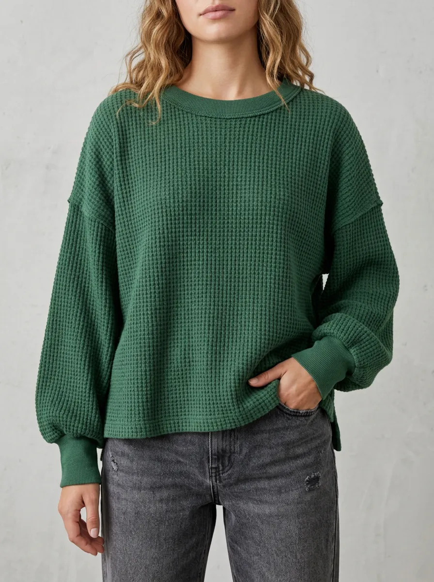 Clean Contemporary Waffle Knit Long Sleeve Crewneck Top