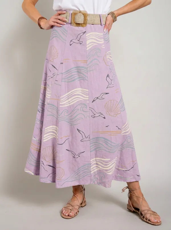 Women's Coastal Seagull Shell Waves Printed Midi Skirt