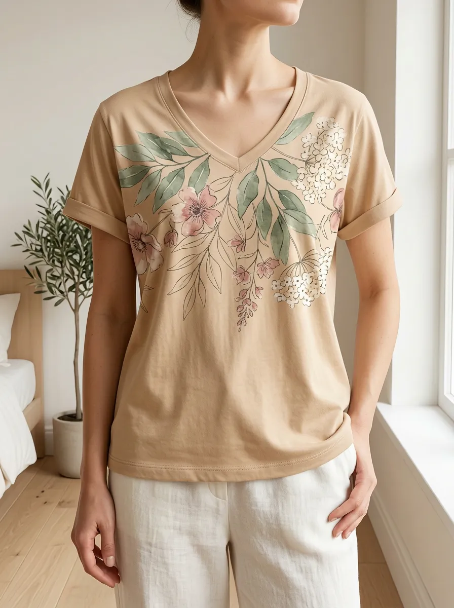 Women's Botanical Floral Art Printed V-Neck T-Shirt
