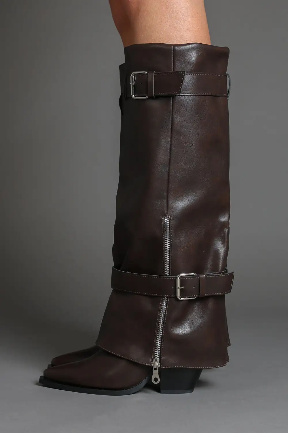 Classic Western Slouch Fold-Over Biker Knee High Boots