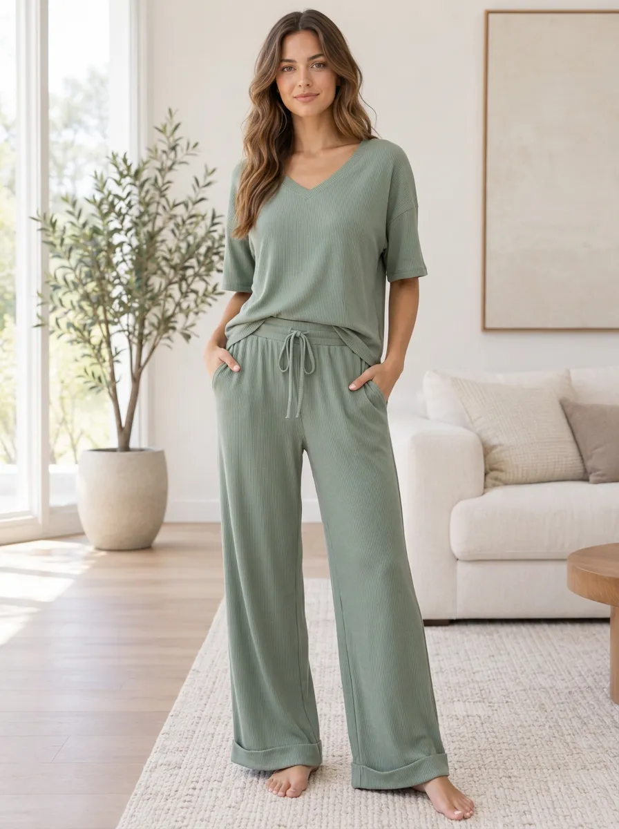 Women's Ribbed Casual Homewear Wide Leg Homewear Set