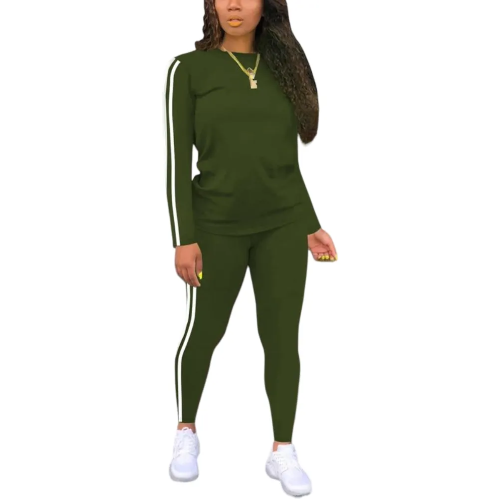 Women's Striped Print Long Sleeve Top & Pants Two-piece Set