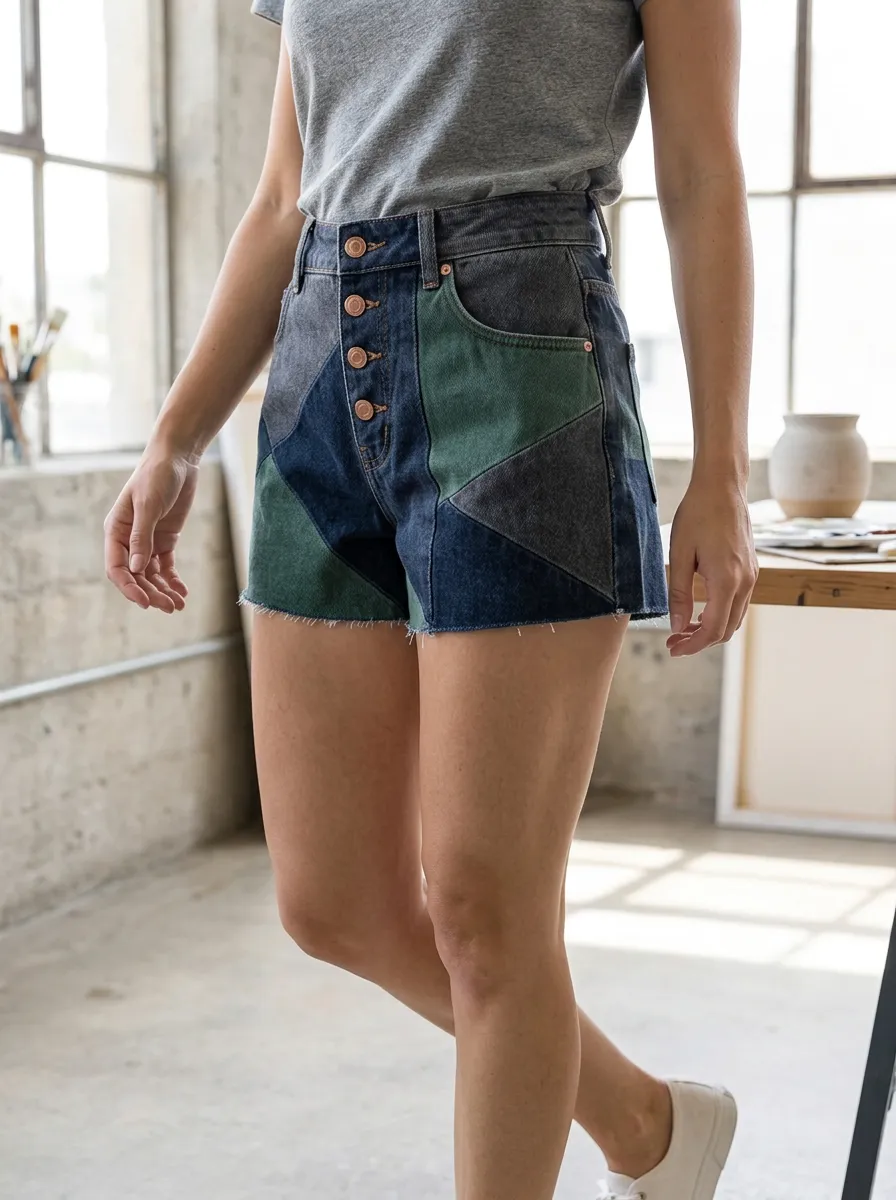 Women's Colorblock Patchwork High-Waisted Denim Shorts