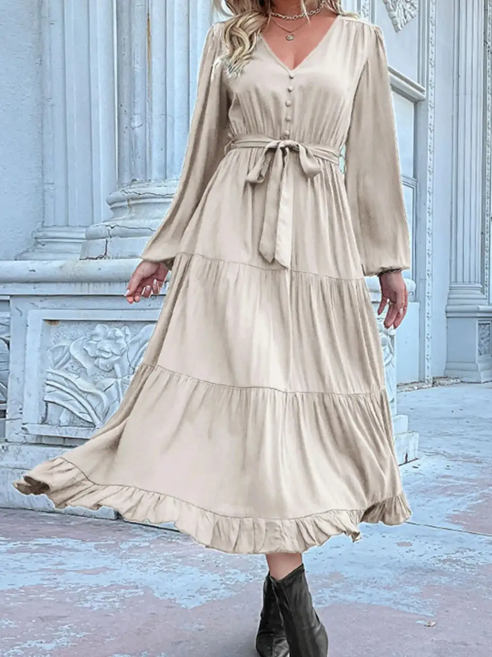 Smooth Finish V Neck Ruffle Dress