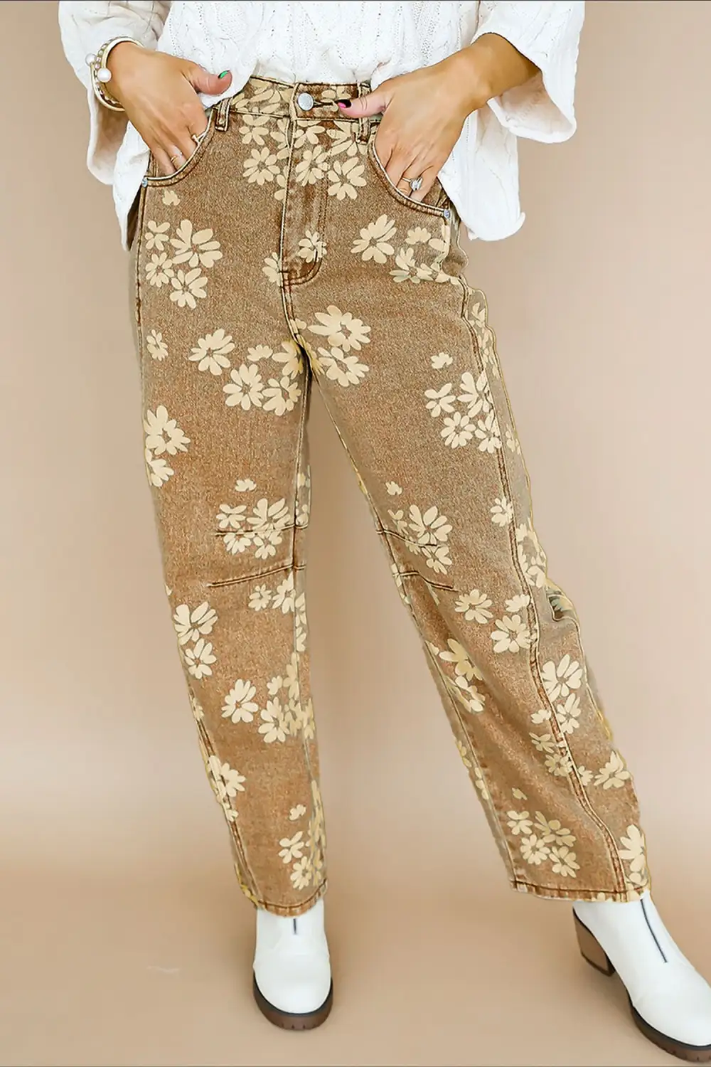 Refined Floral-Print Straight Leg Jeans