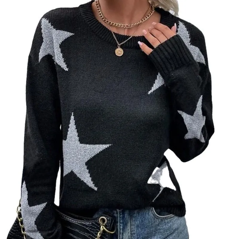 Women's Knit Star-Motif Round-Neck Relaxed Sweater