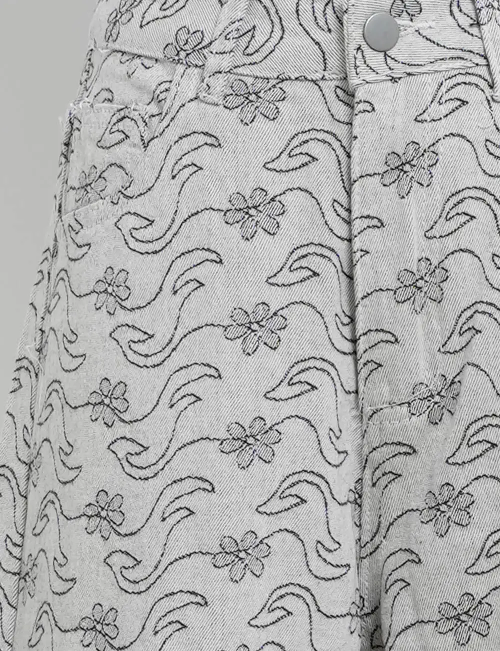 Abstract Floral Jacquard Button Waist Wide Leg Denim Pants
