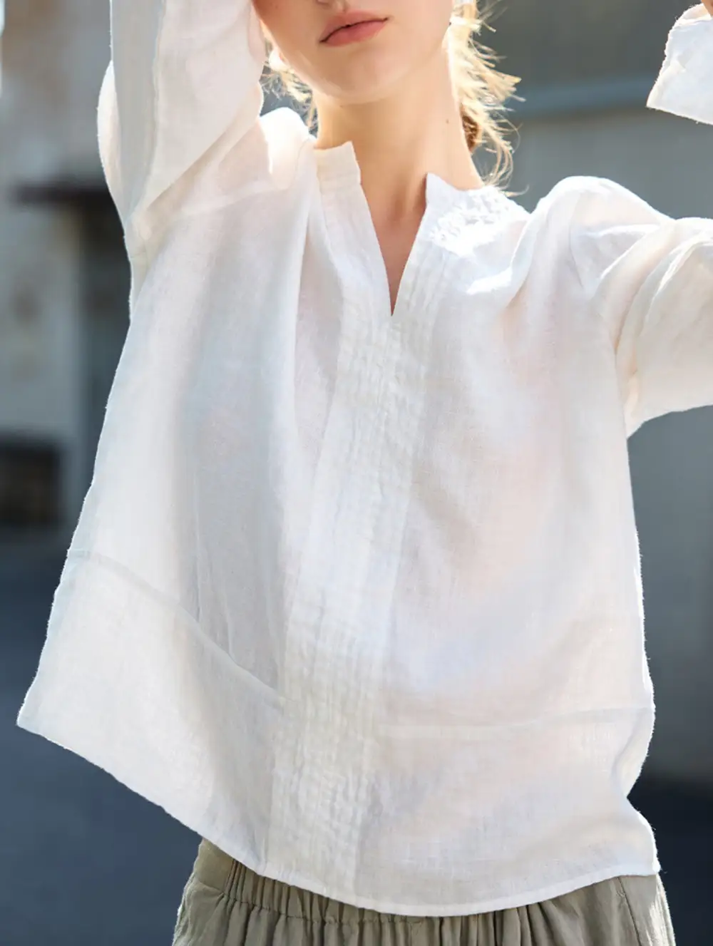Pure Linen V Neck Long Sleeve Work Tee