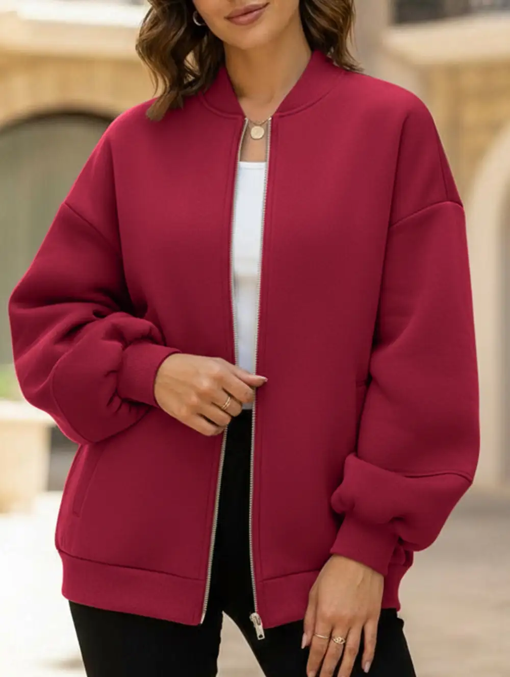 Textured Detail Zip-Up Sweatshirt Jacket