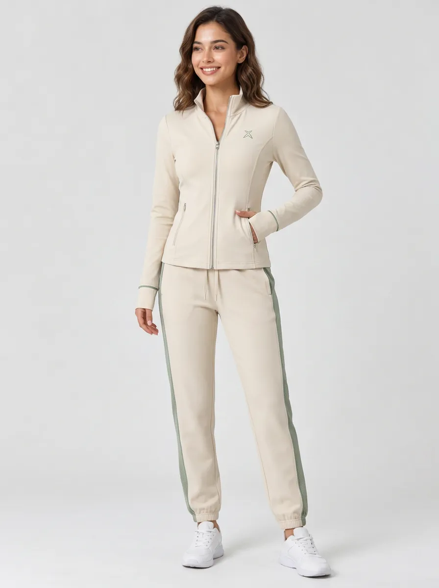 Women's Beige Zip-Up Jacket & Jogger Set