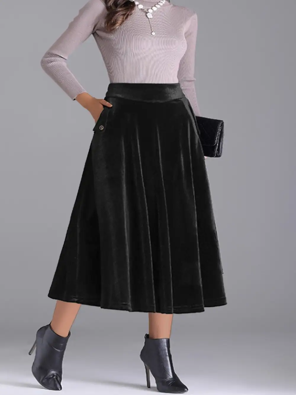 Plus Size Elegant Velvet A-line Midi Skirt