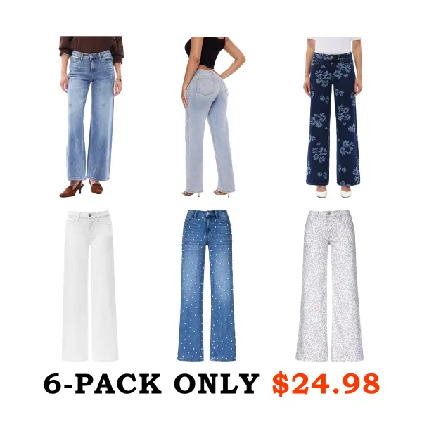 🔥Last Day 49% Offer-Mid-low Rise Baggy Jeans Stretchy Wide Leg for Women Distressed Pants Light Blue/Dark Blue Womenswear Bottom 8001 Lady Basic Minimalist Comfortable Denim Tummy Control Curve Hugging Plus Size Regular Size BBL