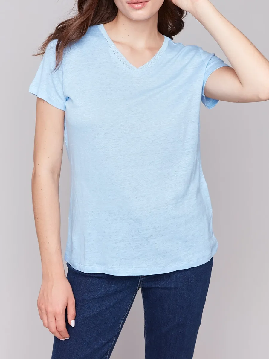 V-Neck Loose Solid Color Skin-Friendly Linen Short Sleeves