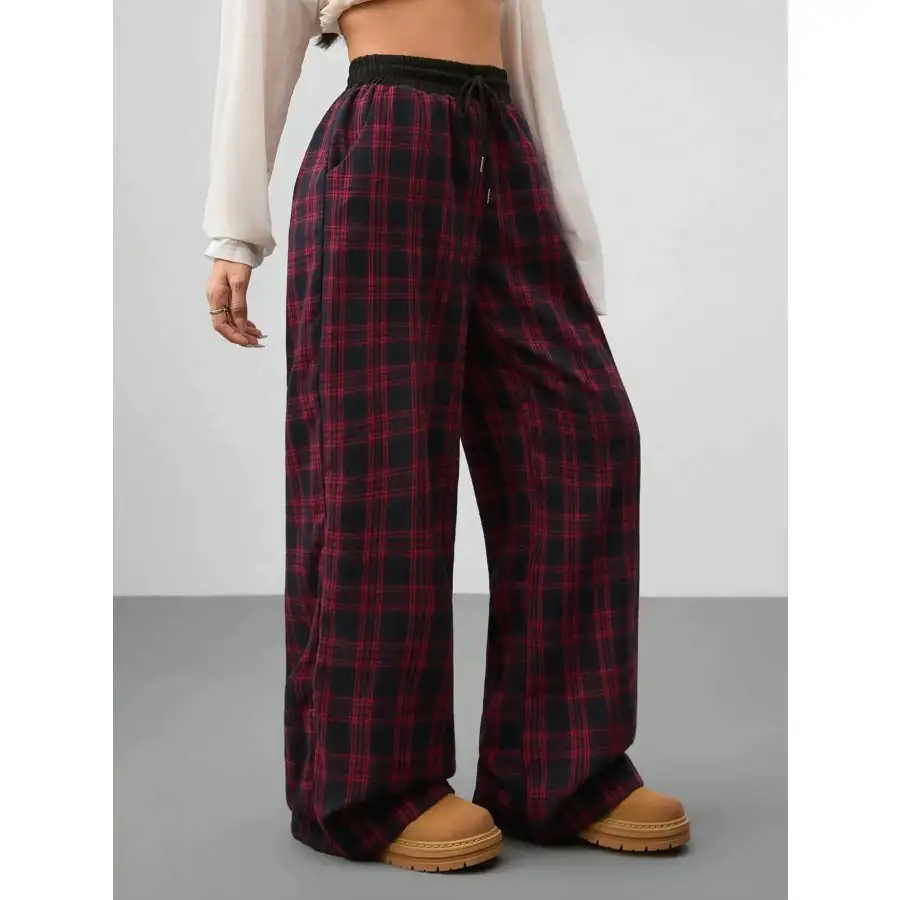 Plaid Wide Leg Pants with Drawstring Waist
