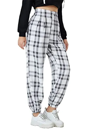 Women's Plaid Elastic High Waist Casual Tartan Pants with Pockets