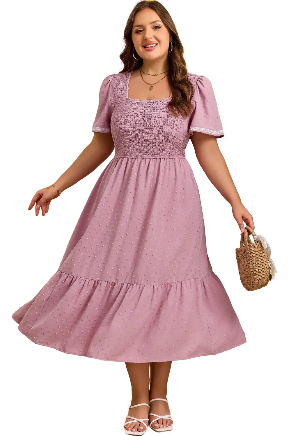 Smocked Short Sleeve High Waist Midi Dress