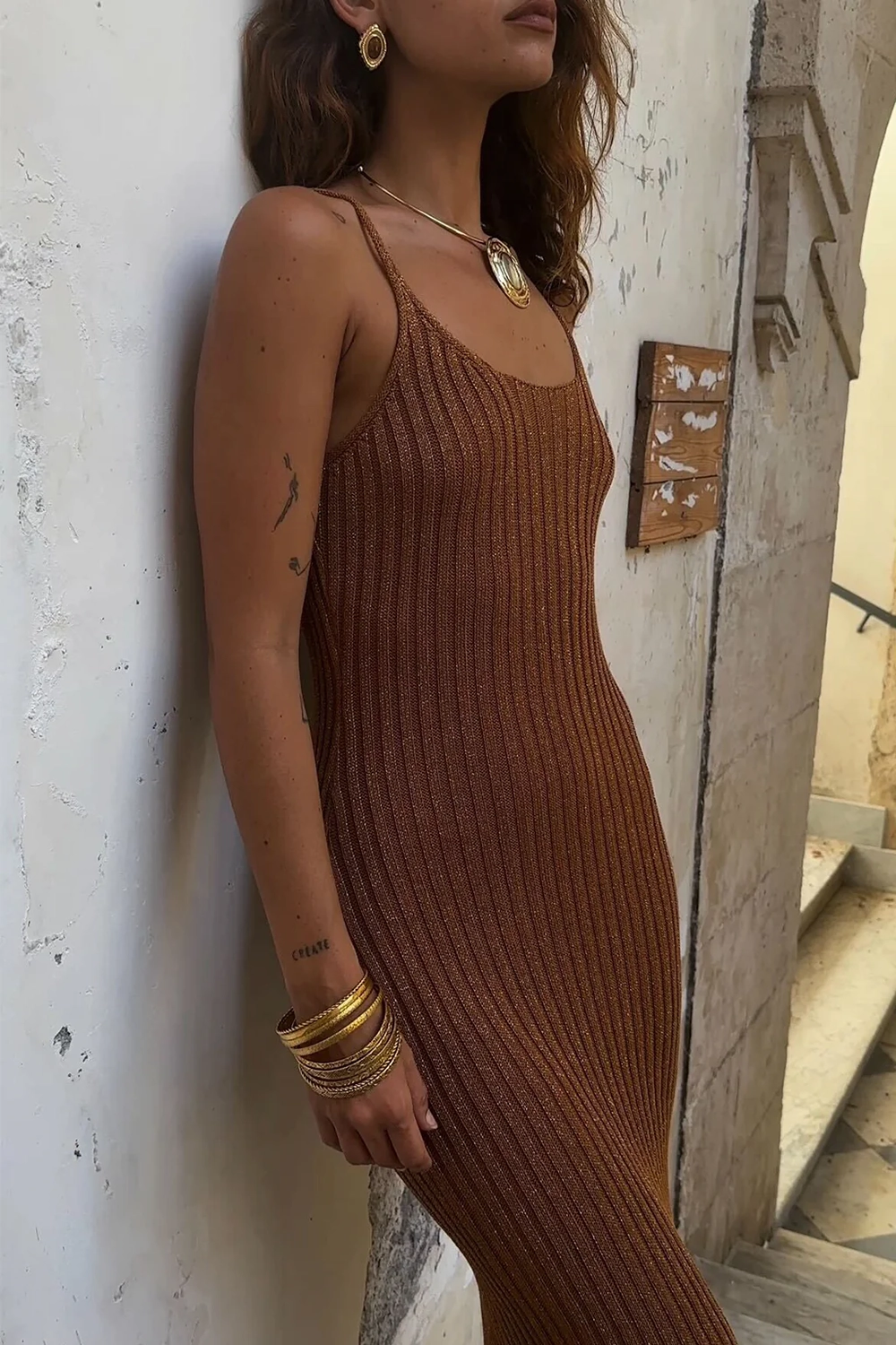 Sleeveless Bronze Metallic Midi Dress