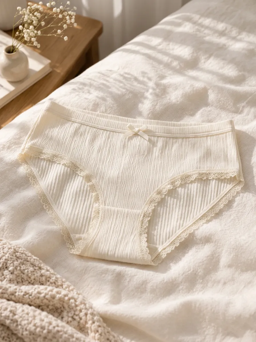 Women's Cream Ribbed Lace Trim Bowknot Printed Panties