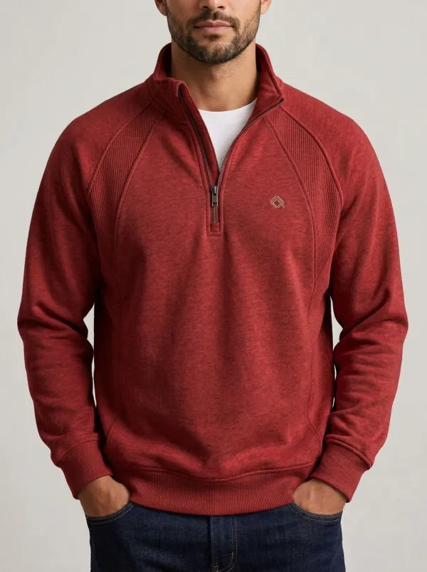 Men's Classic Minimalist Raglan Embroidered Emblem Stand-Collar Quarter-Zip Sweatshirt
